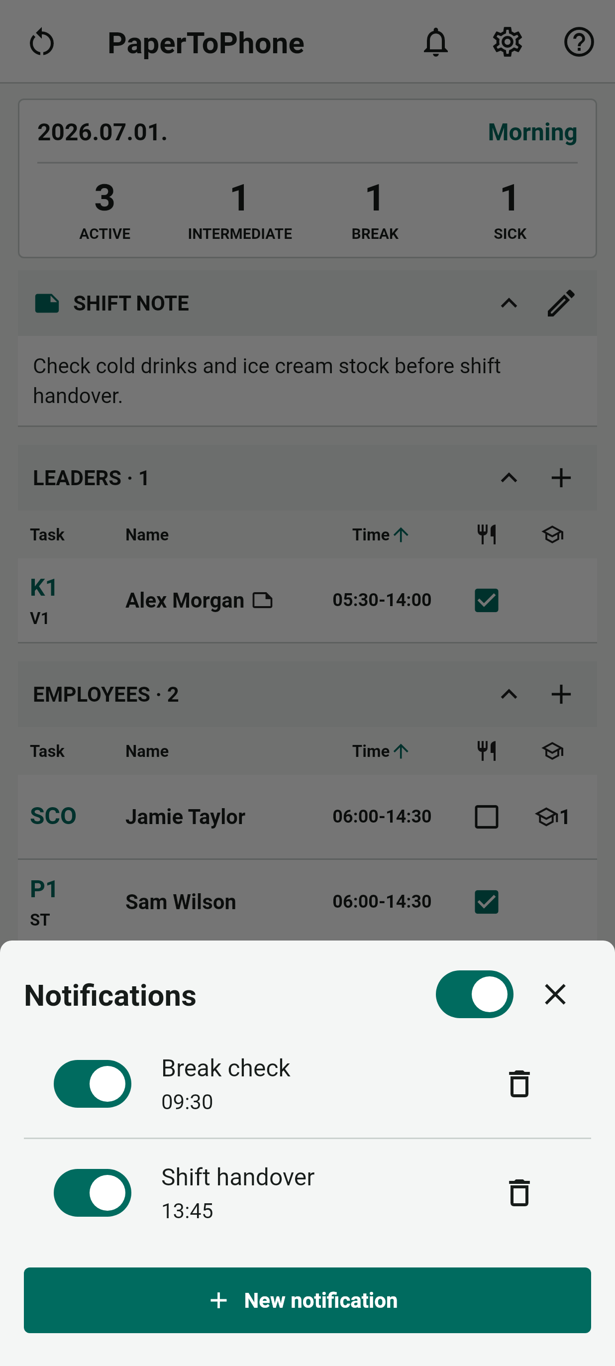 PaperToPhone shift notification controls